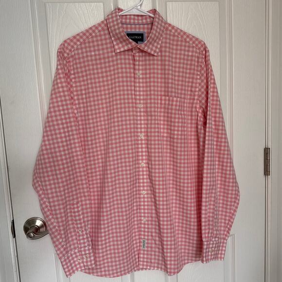 Gazman Easy Care Gingham Check Shirt pink coral & white cotton preppy medium - Picture 13 of 14